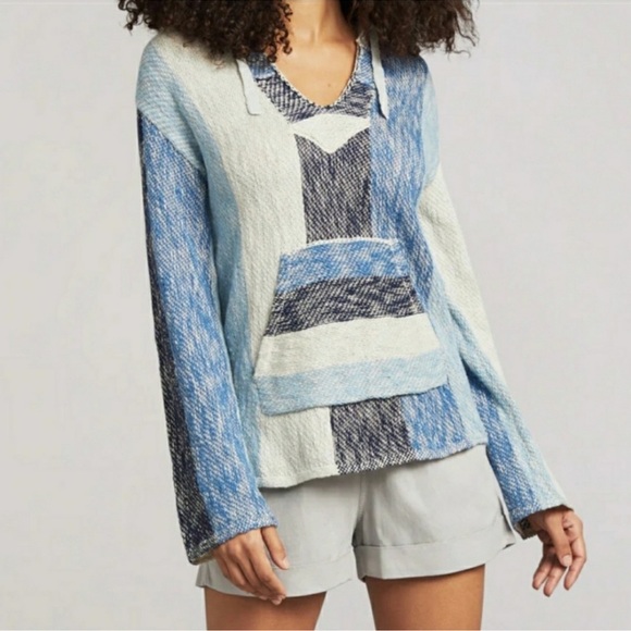 Faherty Sweaters - Faherty Blue and White Baja Beach Poncho Hoodie Organic Cotton S